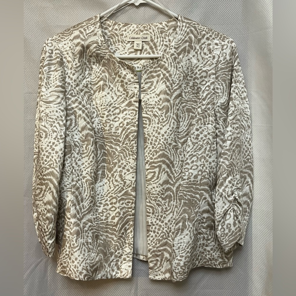Coldwater Creek Women's Cream and Brown Patterned Blazer Open front 12 P